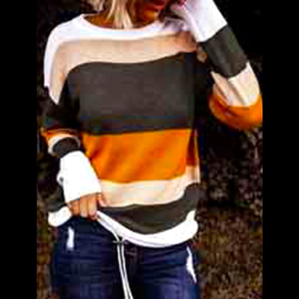 Thick Striped Pullover Drawstring Toggle Knitted Sweater Round Neck Cute Sweater
